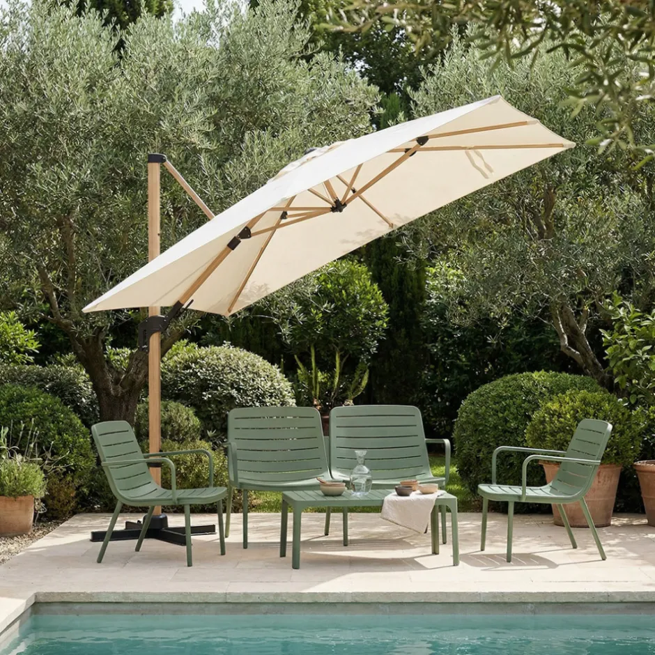 Hot Drawer VEYA Parasol carré déporté en aluminium et effet bois 3x3m