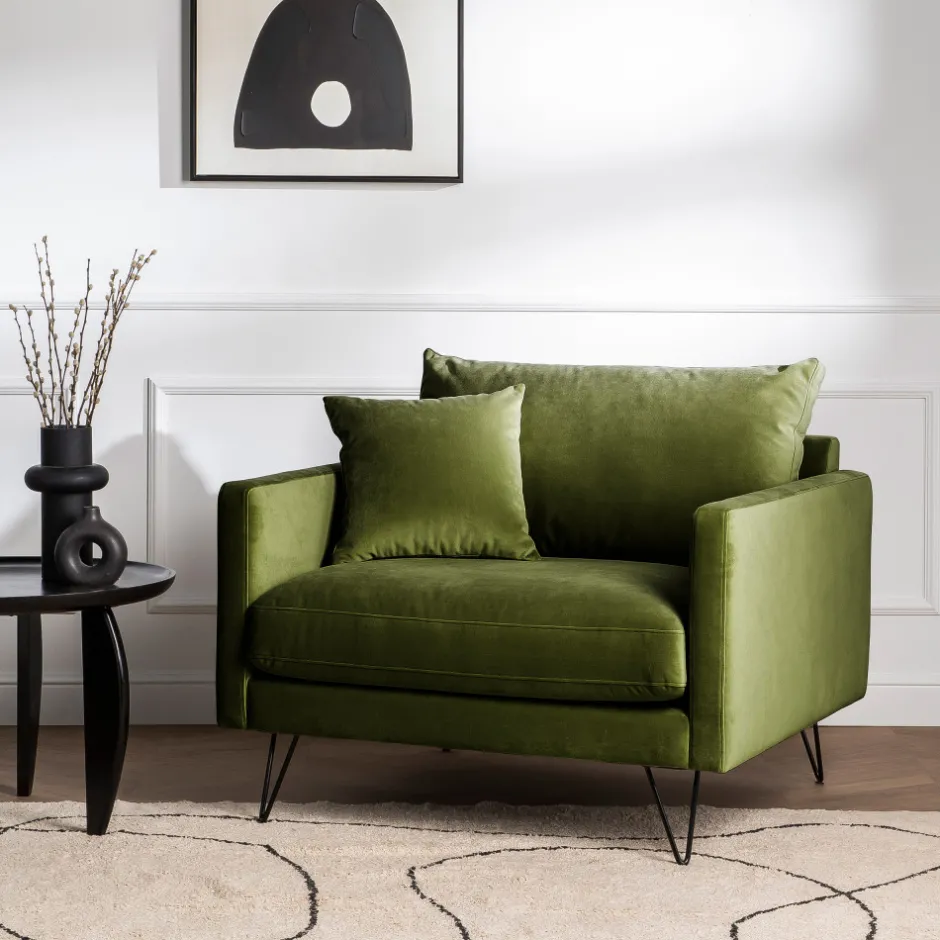 Clearance Drawer VILLABON Fauteuil XL en velours pieds épingles noirs