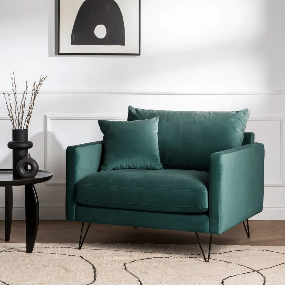 Clearance Drawer VILLABON Fauteuil XL en velours pieds épingles noirs